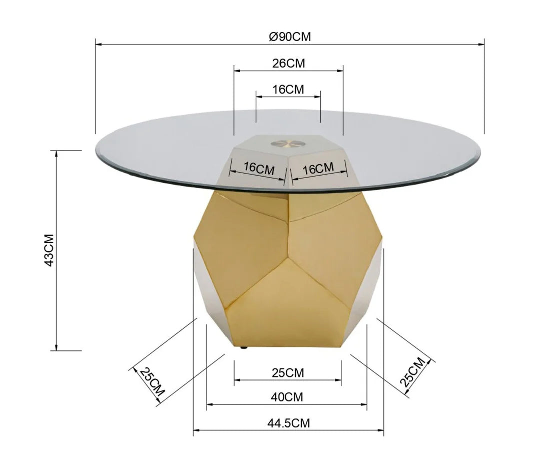 Stolik ze szklanym blatem, złota metalowa podstawa 