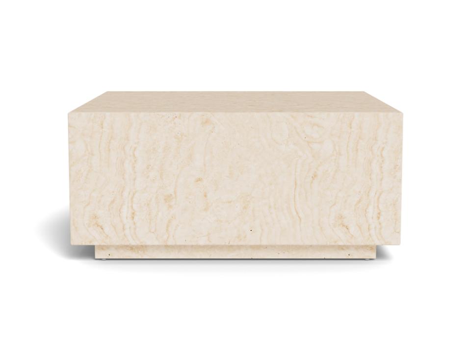 Kwadratowy stolik kawowy Dice 90x90 w dekorze travertine z minimalistyczną podstawą