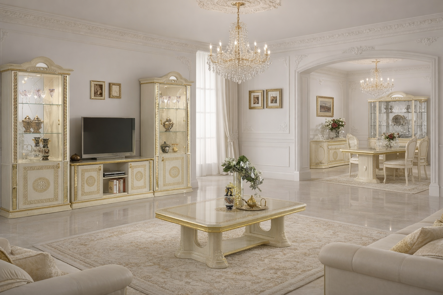 WŁOSKA KLASYCZNA WITRYNA 4 DRZWIOWA VENUS BEŻ+ZŁOTO