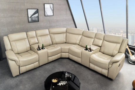 Fotel narożny kinowy 5-osobowy z funkcją relaks, beżowa skóra ekologiczna, uchwyty na napoje i schowki