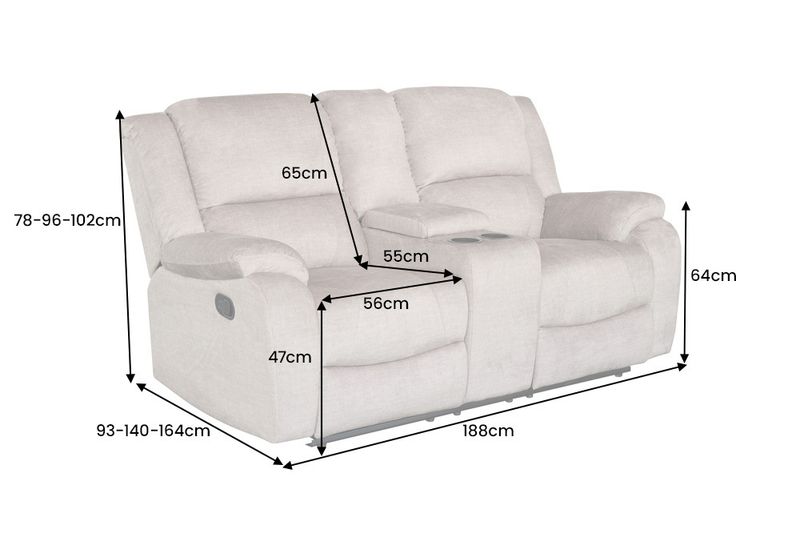 Beżowy rozkładany fotel relax 2-osobowy velvet z podnóżkami, schowkiem i otworami na napoje