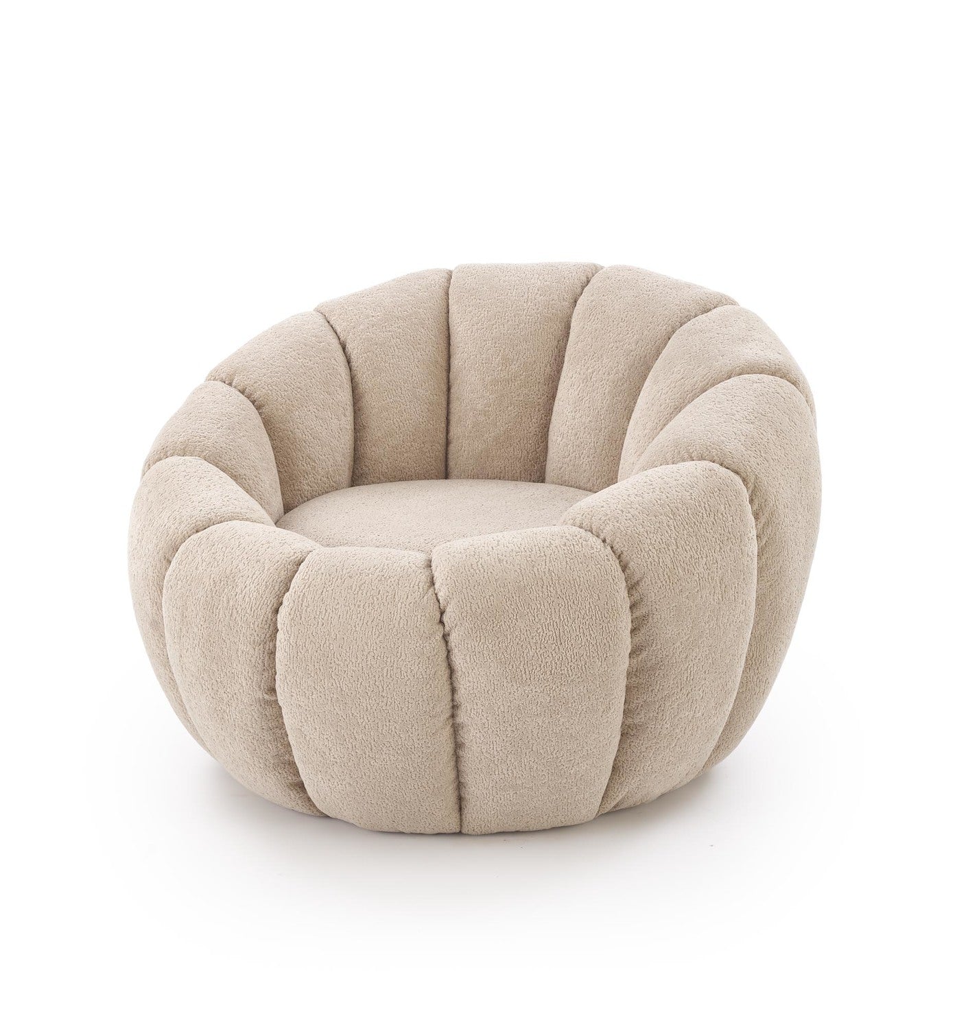 Designerski fotel tapicerowany boucle z okrągłą formą do salonu