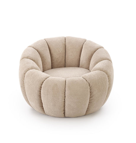 Designerski fotel tapicerowany boucle z okrągłą formą do salonu