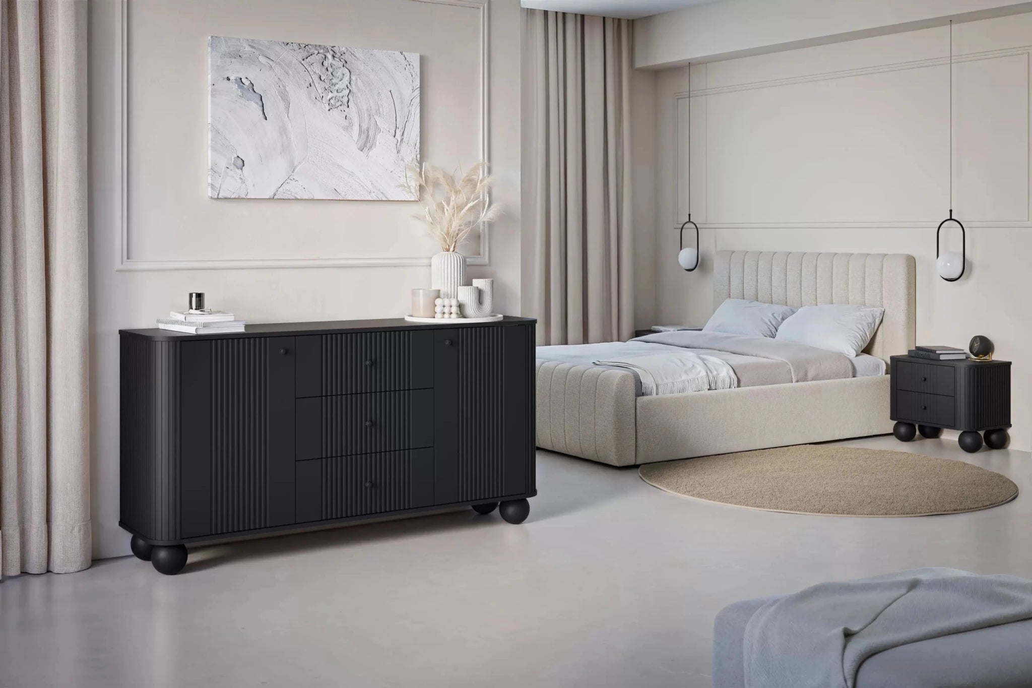 Komoda VESPER 160 CM CZARNA / CZARNE UCHWYTY / NOGI KULE