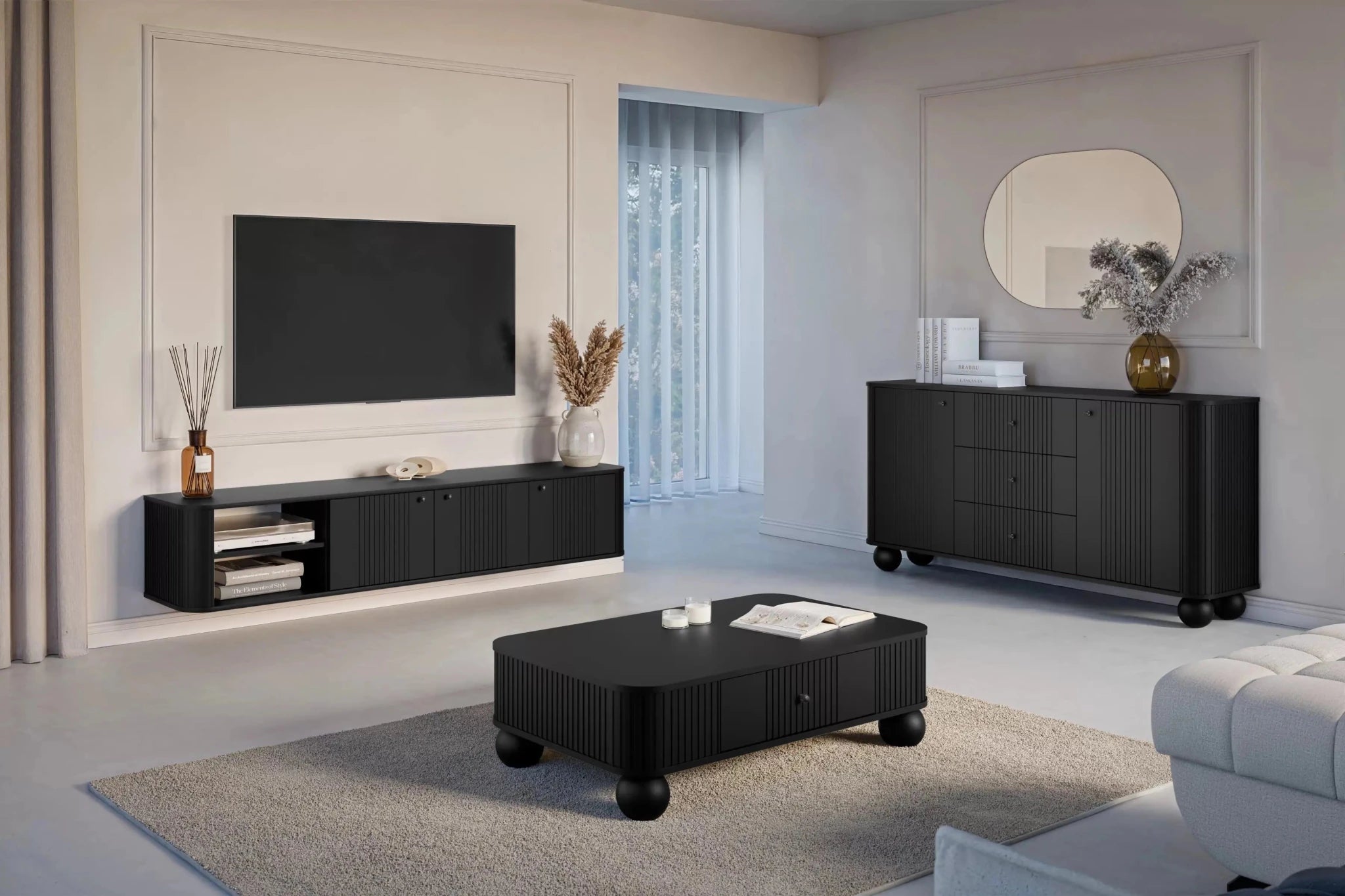 Komoda VESPER 160 CM CZARNA / CZARNE UCHWYTY / NOGI KULE