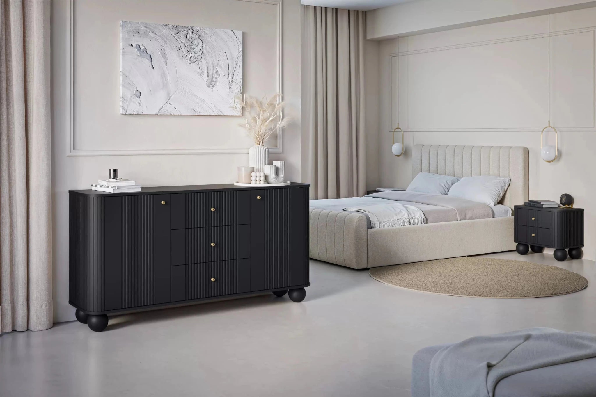 Komoda VESPER 160 CM CZARNA / ZŁOTE UCHWYTY / NOGI KULE