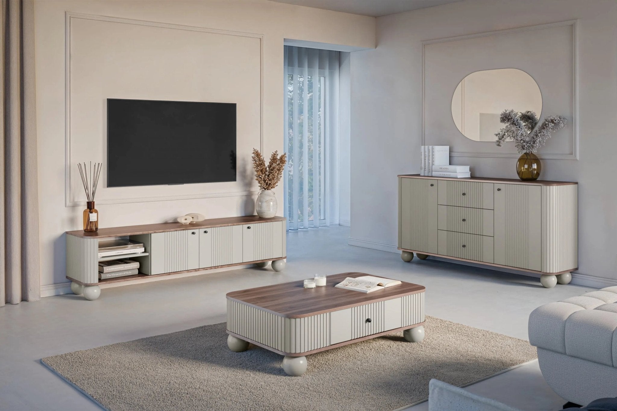 Komoda VESPER 160 CM KASZMIR / ORZECH / CZARNE UCHWYTY / NOGI KULE