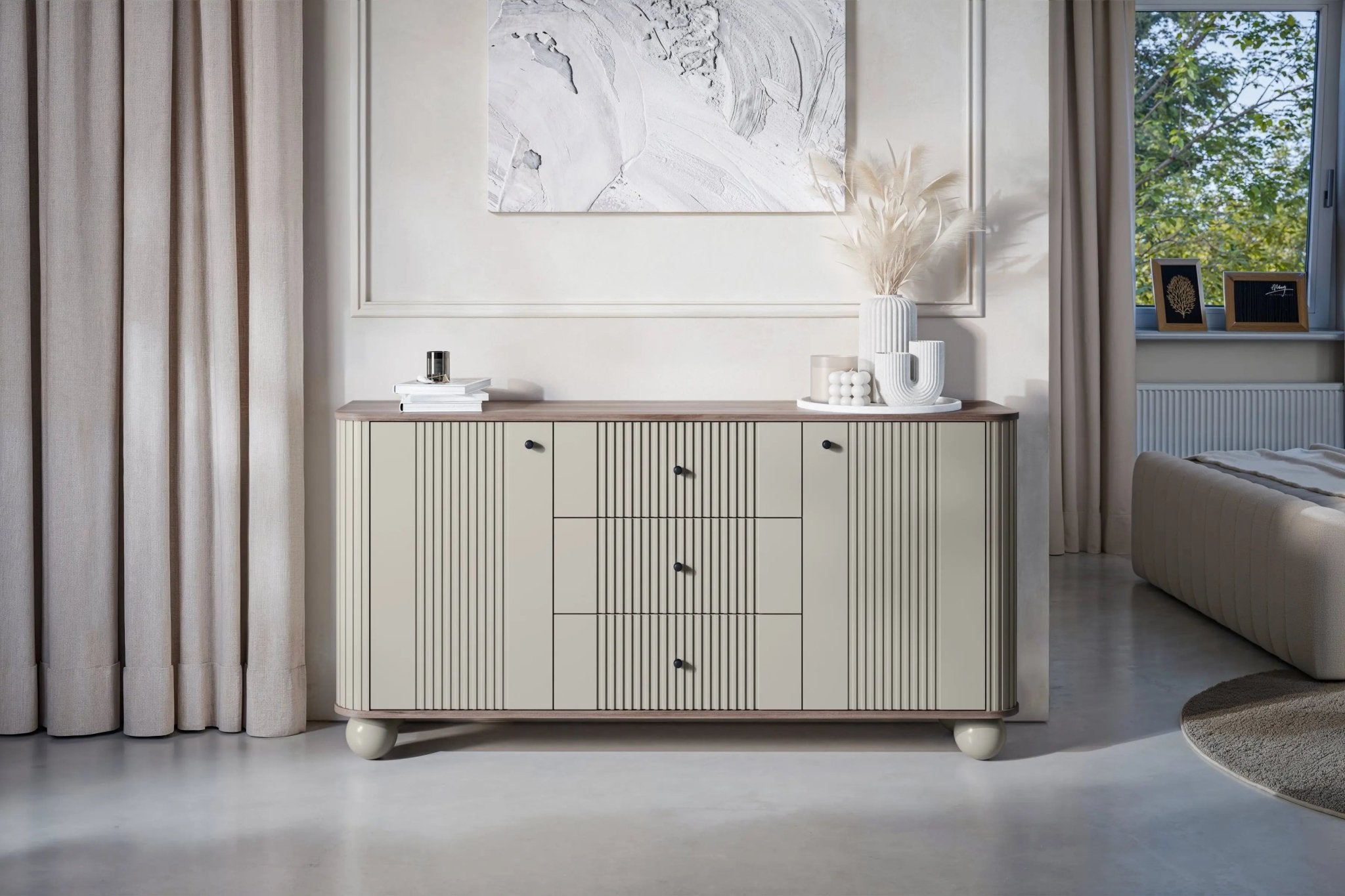 Komoda VESPER 160 CM KASZMIR / ORZECH / CZARNE UCHWYTY / NOGI KULE