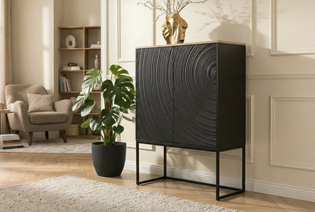 Komoda z drewna mango z frontem 3D, brązowym korpusem i czarną metalową ramą do salonu