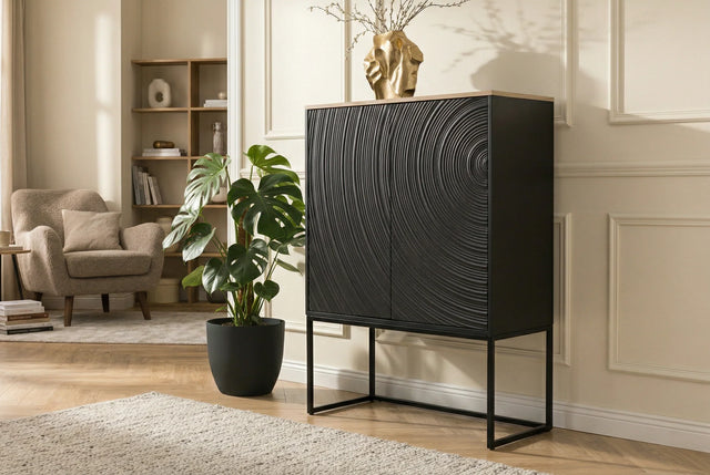 Komoda z drewna mango z frontem 3D, brązowym korpusem i czarną metalową ramą do salonu