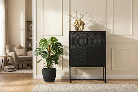 Komoda z drewna mango z frontem 3D, brązowym korpusem i czarną metalową ramą do salonu