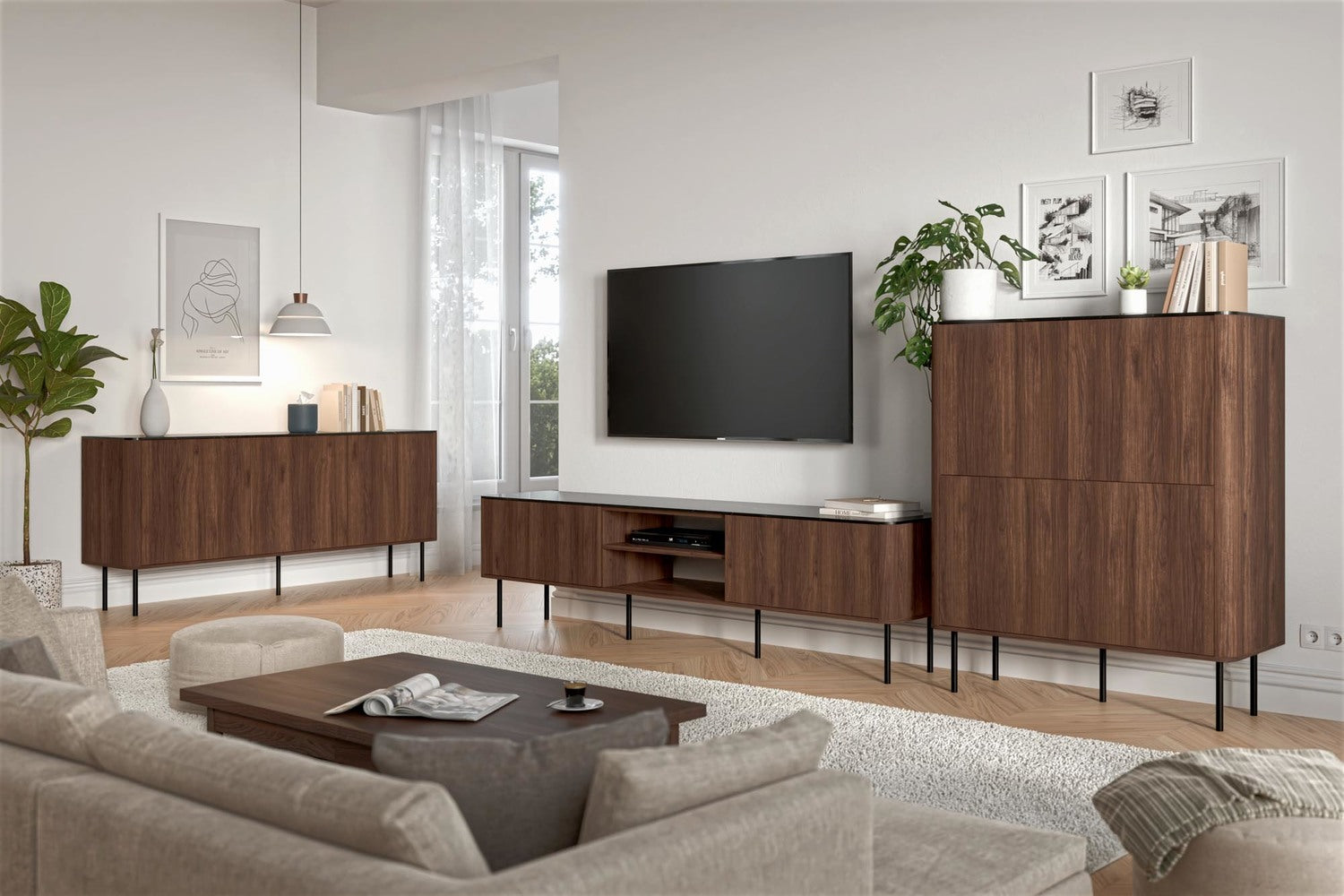 Nowoczesna komoda 160 cm z czarnym marmurowym blatem do eleganckiego salonu
