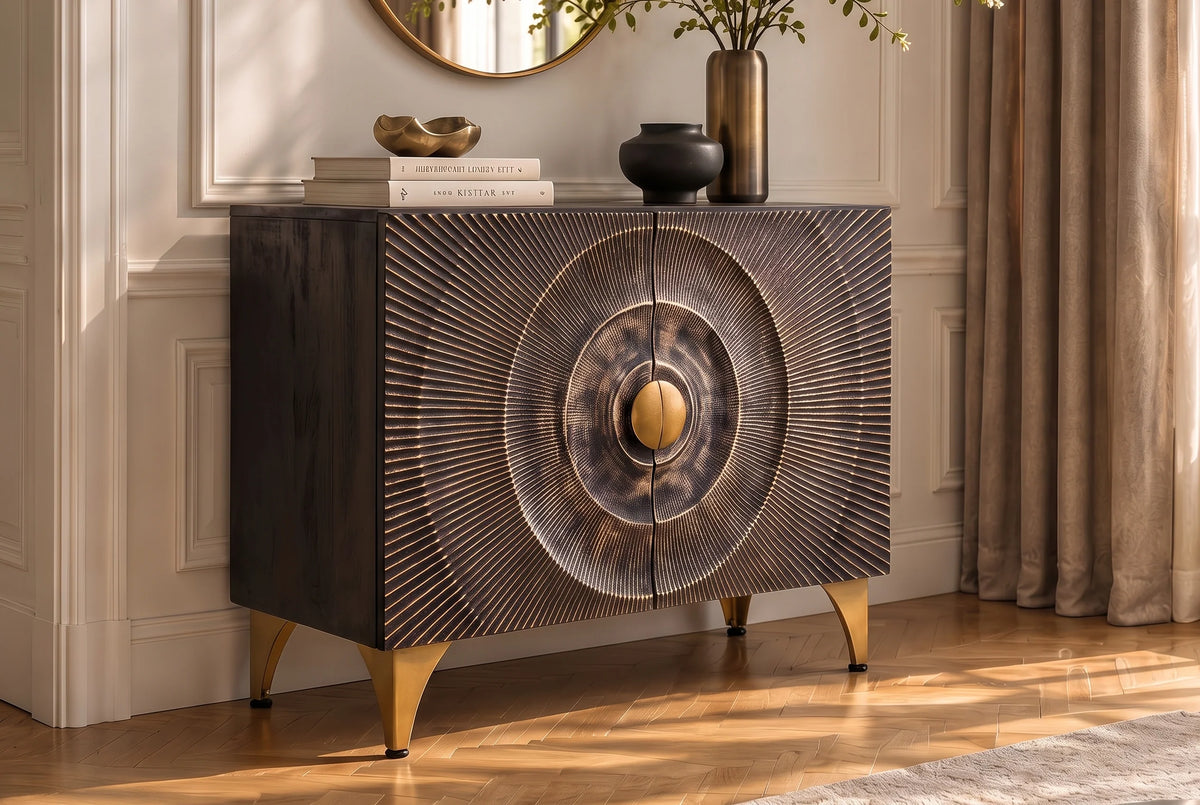 Komoda z drewna mango 100 cm, front 3D, metalowa złota podstawa.
