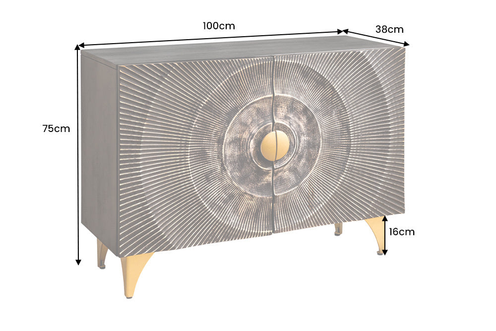Komoda z drewna mango 100 cm, front 3D, metalowa złota podstawa.