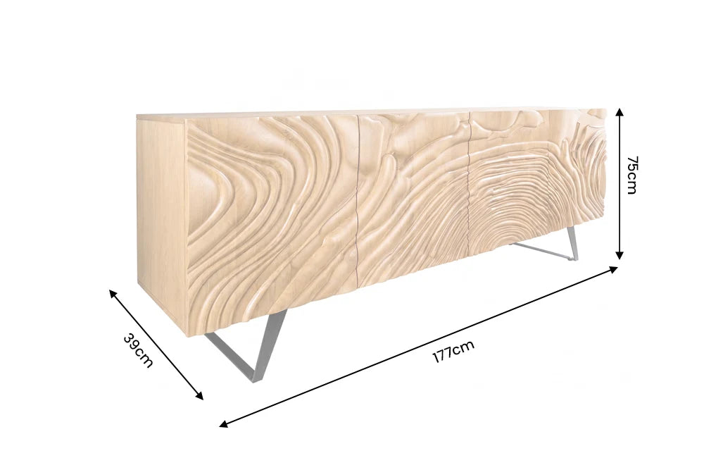 Beżowa komoda 177 cm z litego drewna mango z rzeźbionymi frontami 3D i czarną metalowa podstawa.