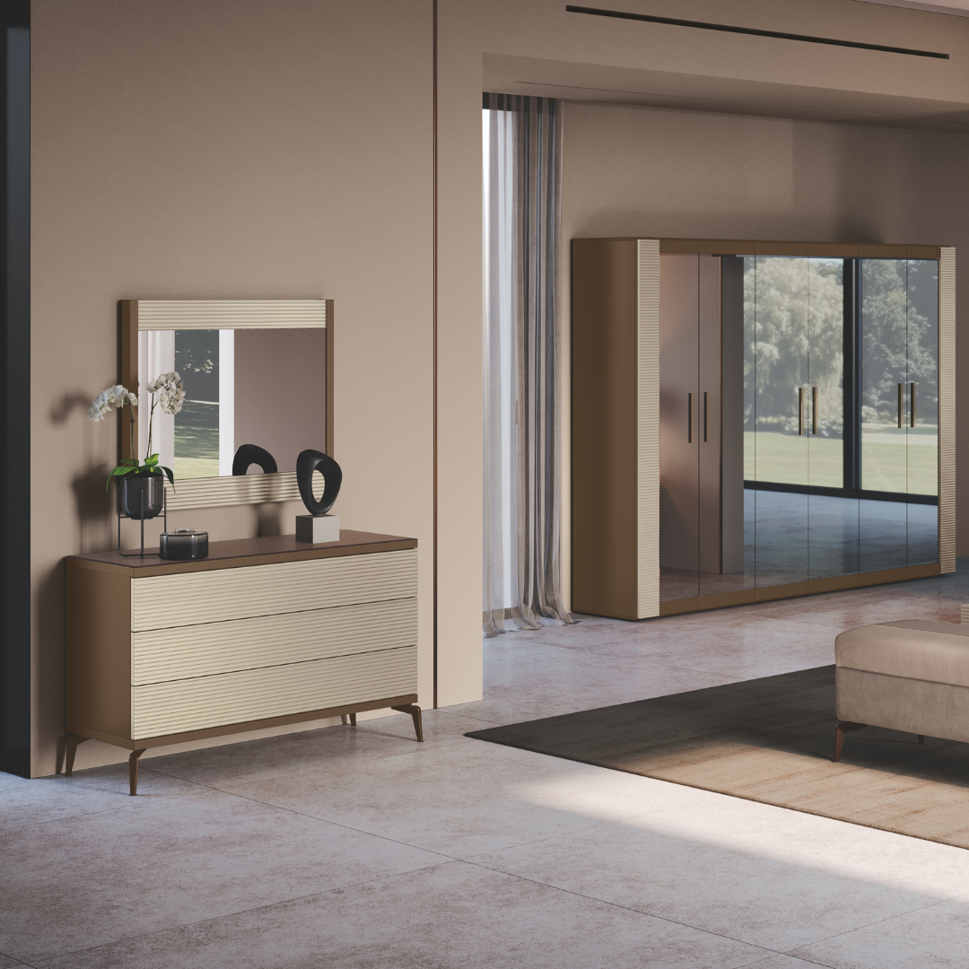 Komoda Linea z płyty meblowej na brązowych metalowych nogach, 3 szuflady, nowoczesny styl