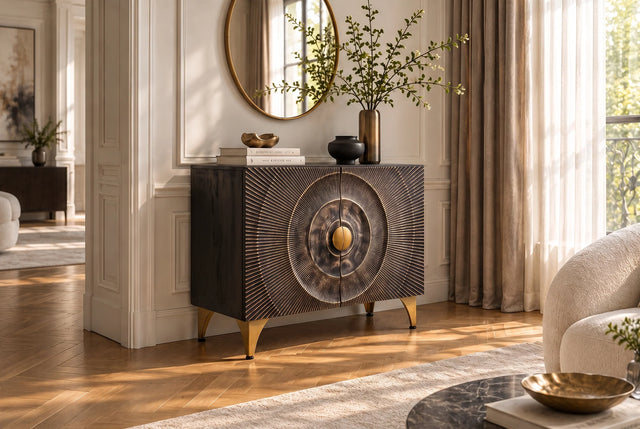 Komoda z drewna mango 100 cm, front 3D, metalowa złota podstawa.