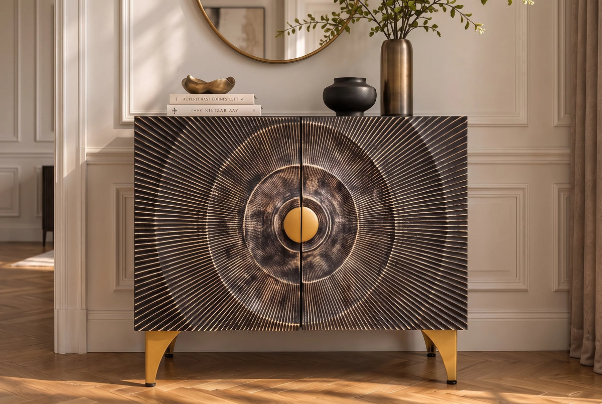 Komoda z drewna mango 100 cm, front 3D, metalowa złota podstawa.