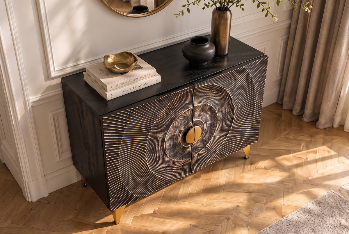 Komoda z drewna mango 100 cm, front 3D, metalowa złota podstawa.