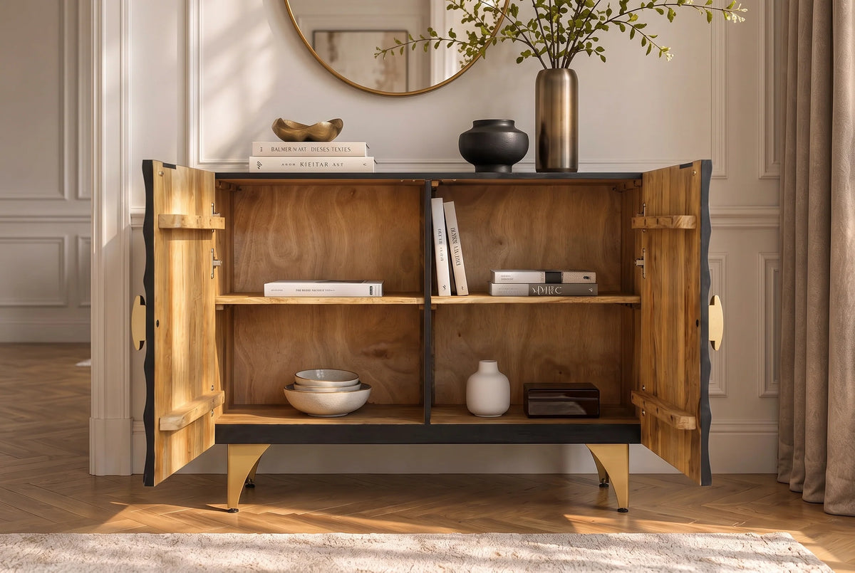Komoda z drewna mango 100 cm, front 3D, metalowa złota podstawa.