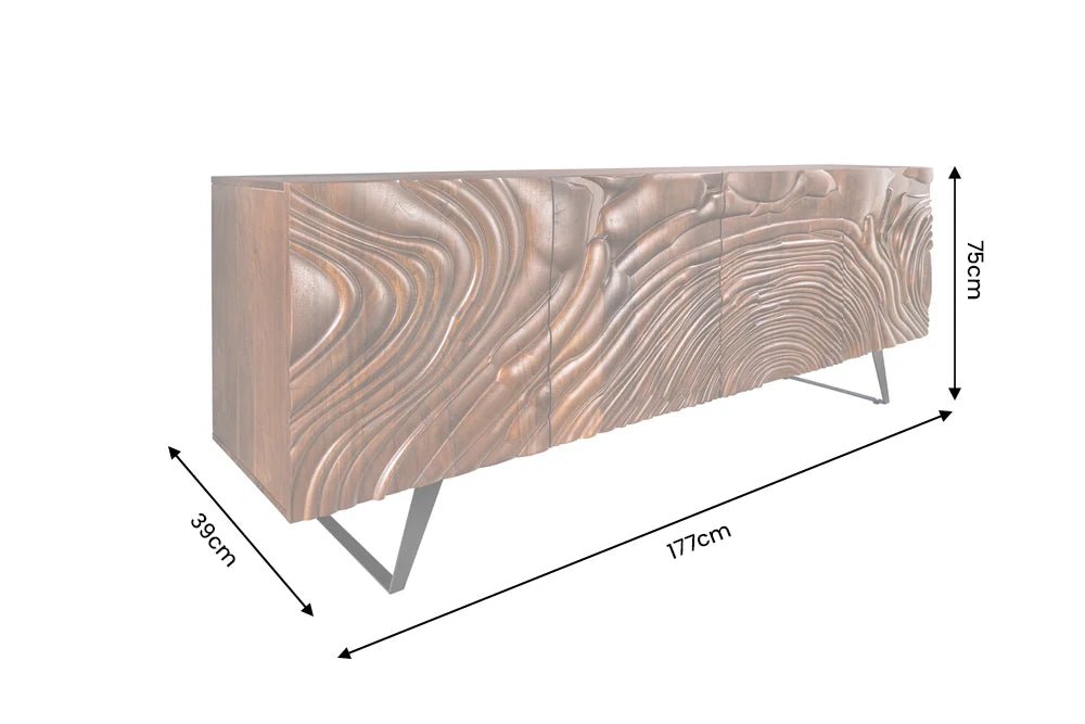 Brązowa komoda 177 cm z litego drewna mango z rzeźbionymi frontami 3D i czarną metalową podstawą