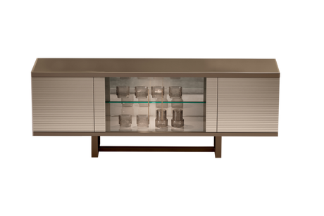 Włoska komoda Linea 218 cm – połysk, szkło, prążkowane fronty, brąz