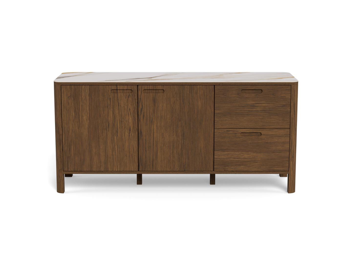Nowoczesna komoda do salonu  160 cm , z ciemnego forniru dębowego i ceramicznym blatem 