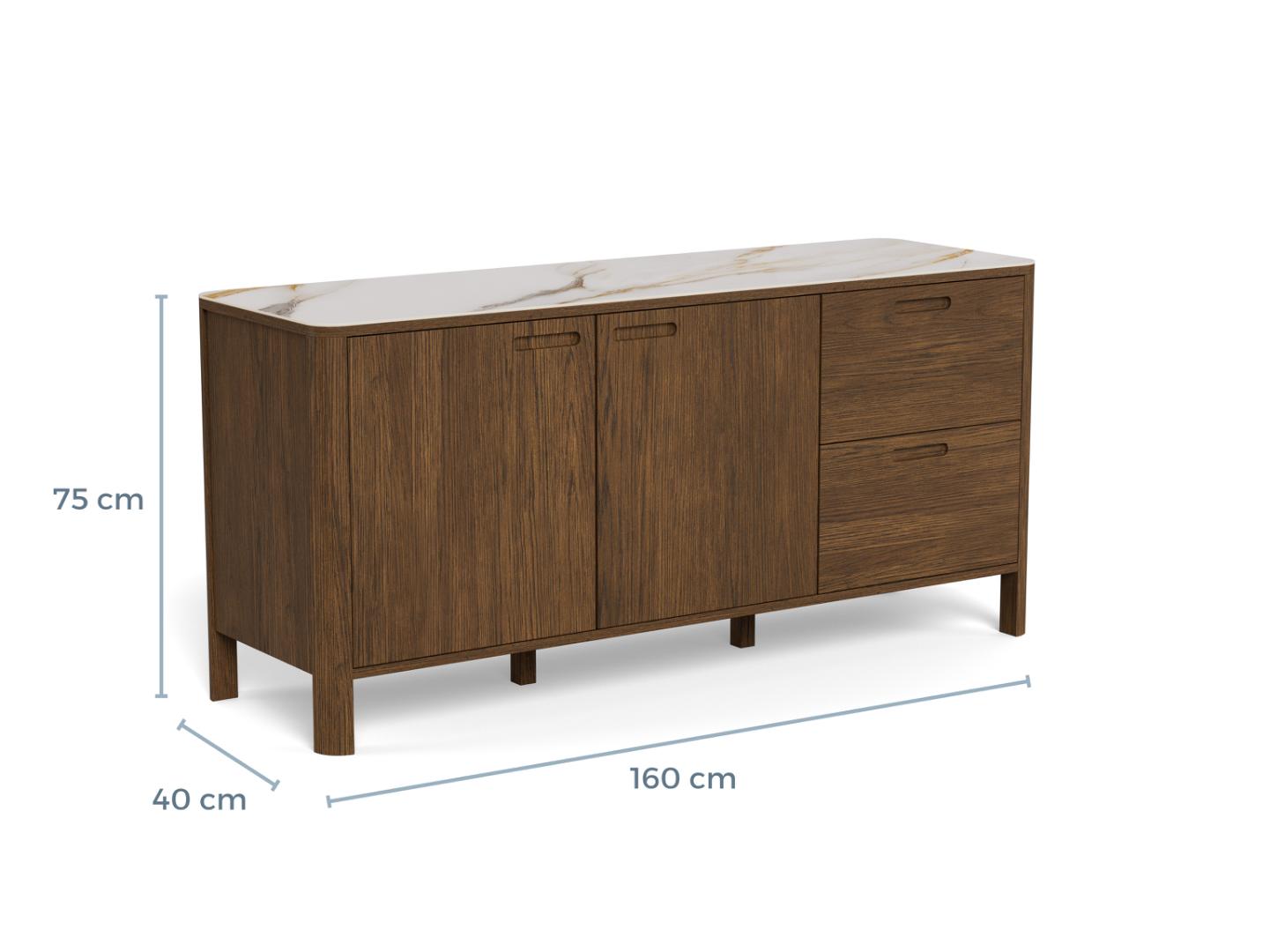 Nowoczesna komoda do salonu  160 cm , z ciemnego forniru dębowego i ceramicznym blatem 