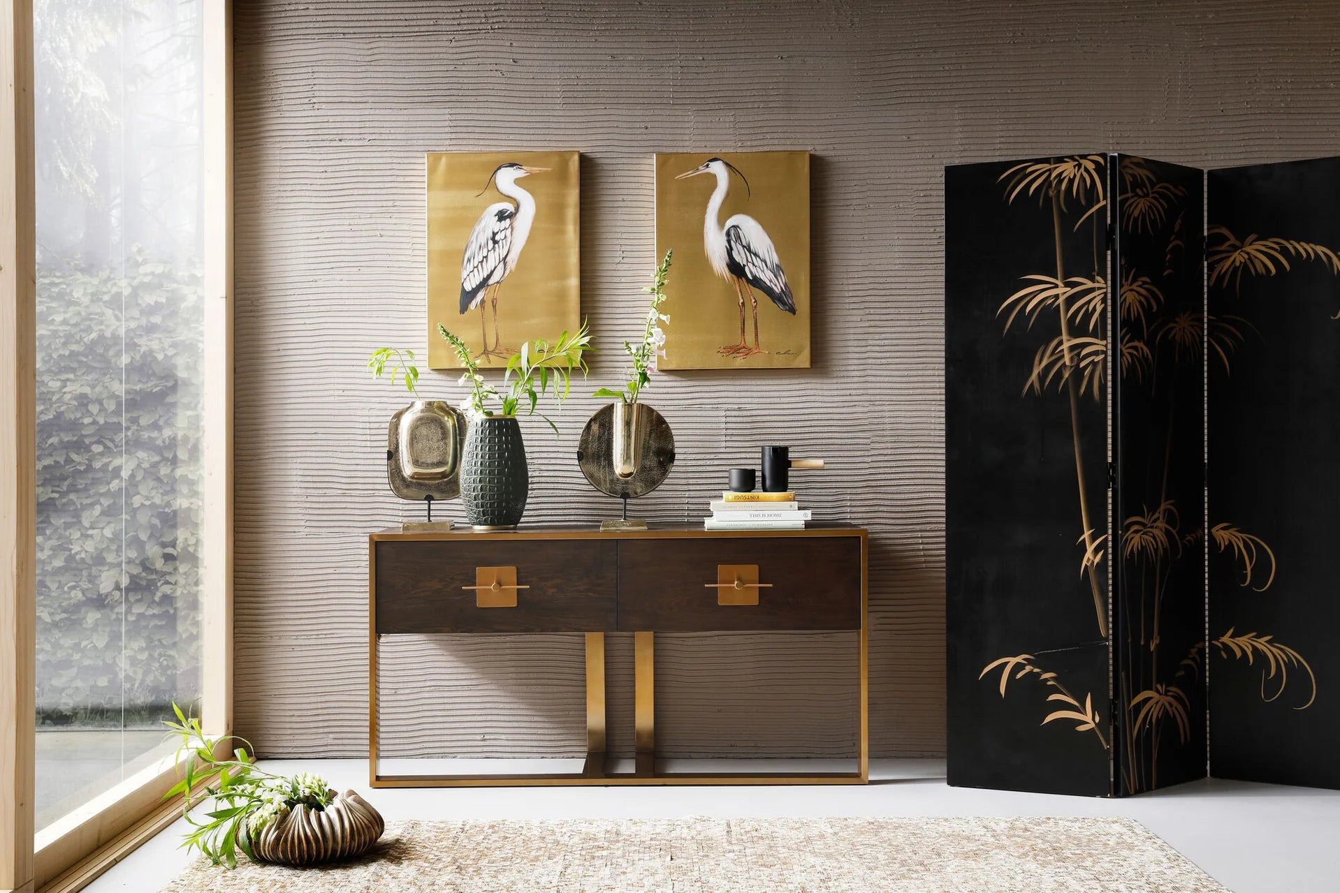 Konsola Osaka fornir jesion, dwie szuflady i złota metalowa podstawa