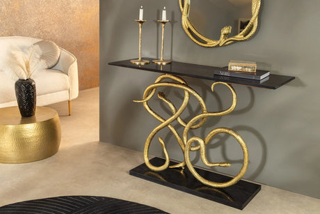 Konsola czarny marmur ze złotym stelażem w kształcie węża, luksusowy design glamour.