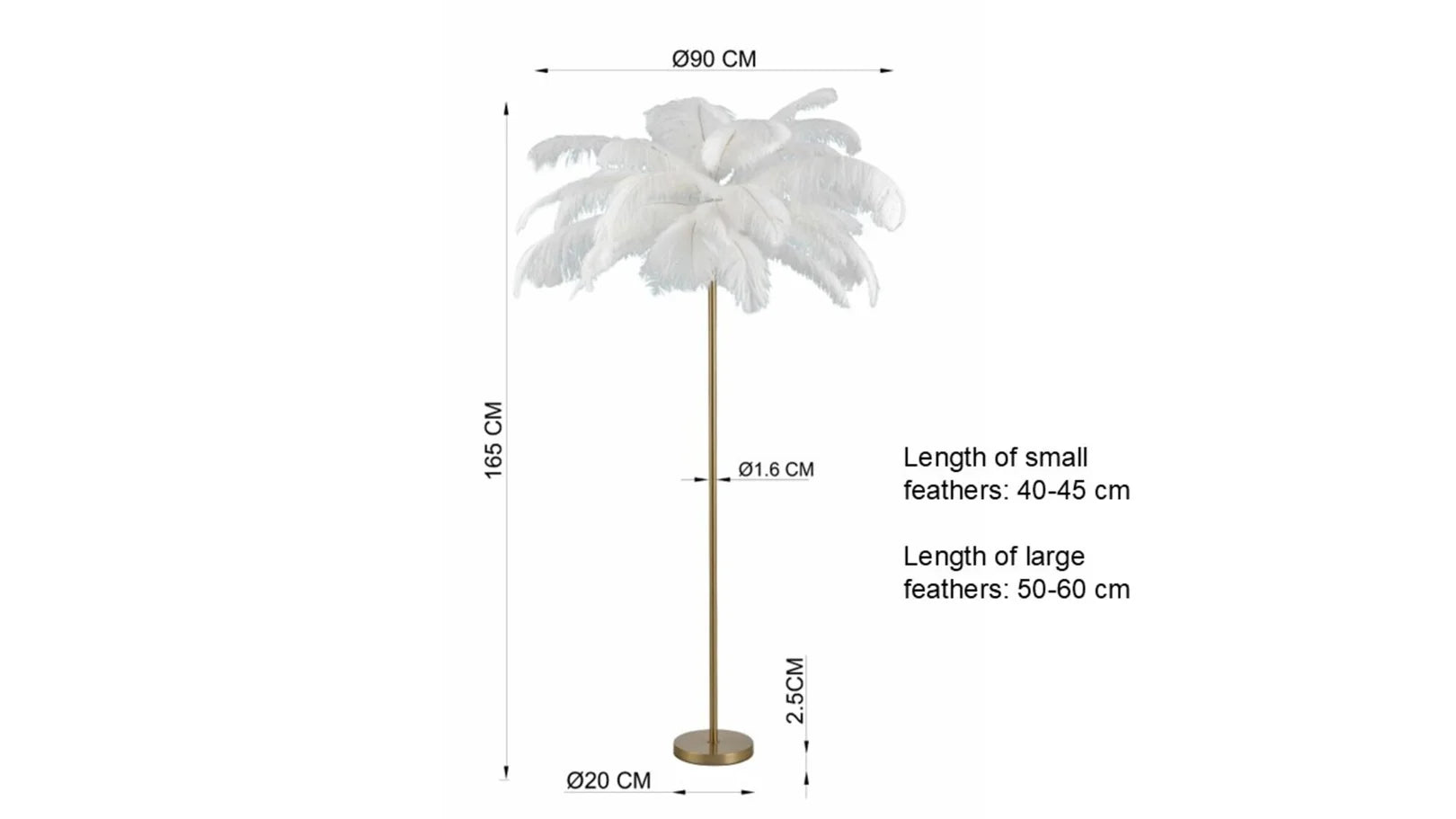 Biała lampa podłogowa z naturalnymi piórami strusia i złotą, mosiężną podstawą w stylu glamour