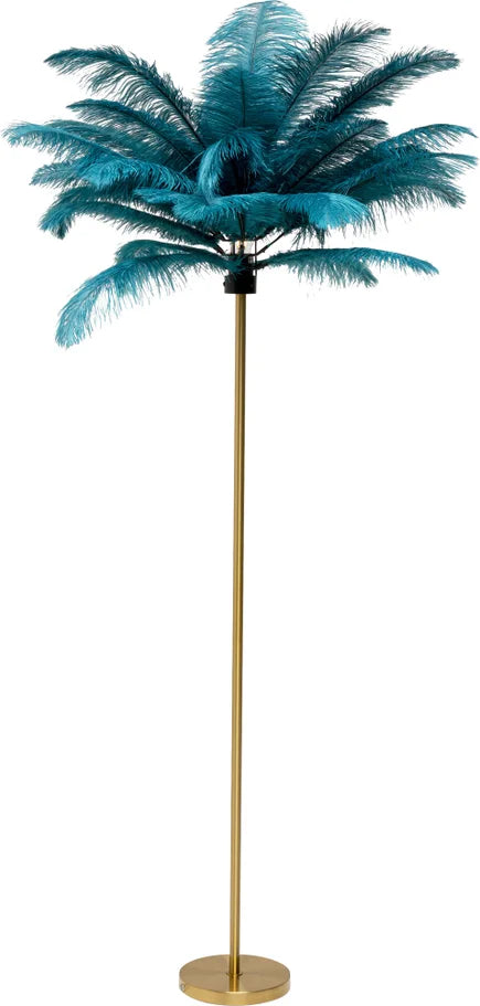 Turkusowa lampa podłogowa z naturalnymi piórami i złotą, mosiężną podstawą w stylu glamour