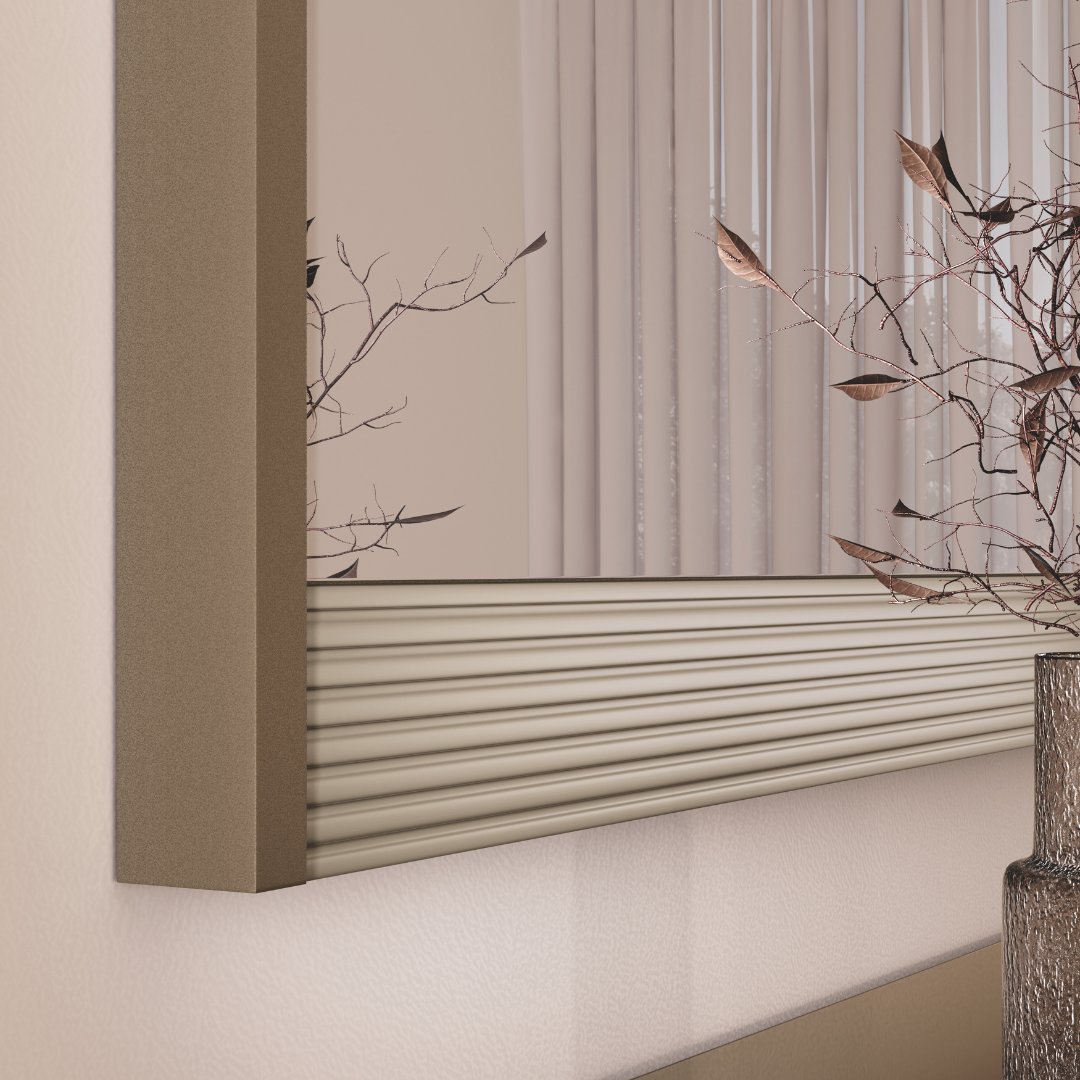 lustro Linea prostokątne z prążkowanymi panelami u góry i dołu, brązowa cienka rama, styl modern