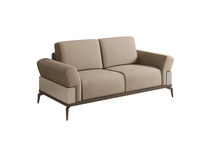 Włoska sofa Linea 2-osobowa w beżowej tkaninie, prążkowane panele boczne, metalowe nogi w kolorze brązu