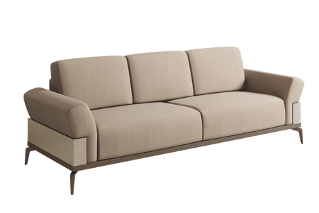 włoska sofa Linea 3-osobowa w beżowej tkaninie, prążkowane panele boczne, metalowe nogi w kolorze brązu