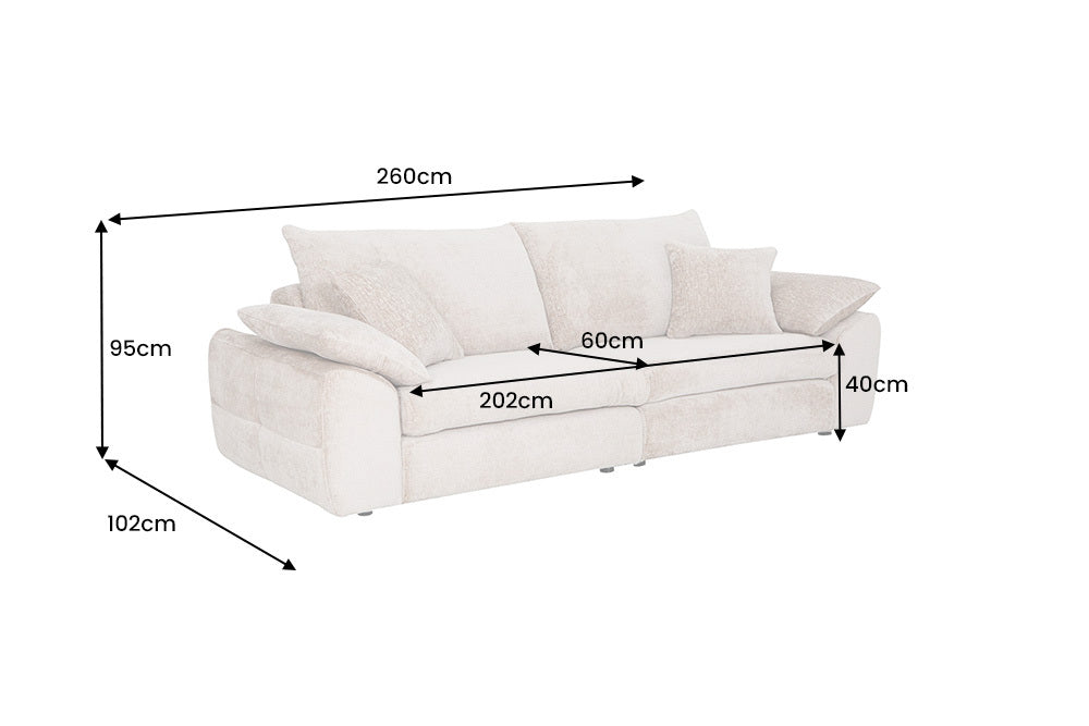Beżowa sofa 260 cm w tkaninie szenilowej z miękkimi poduszkami do nowoczesnego salonu.