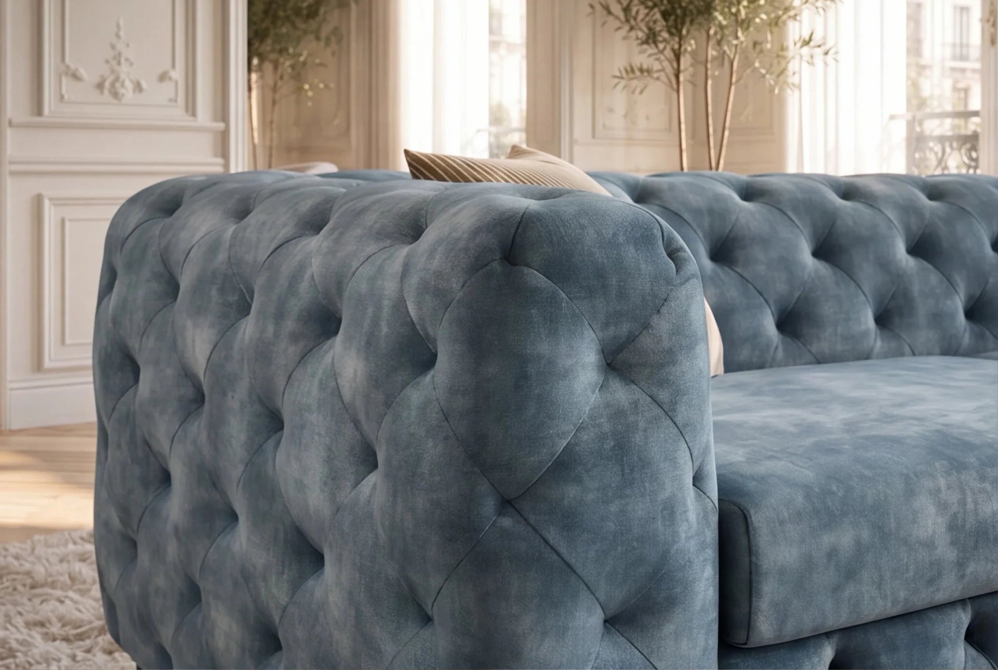 Nowoczesna niebieska sofa 3-osobowa 235 cm z aksamitną tapicerką i pikowaniem Chesterfield do salonu