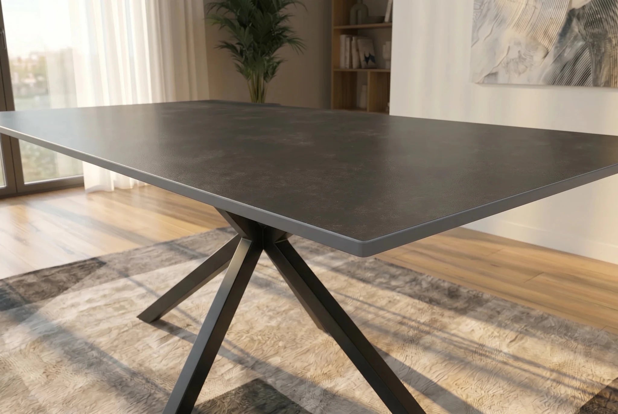 Nowoczesny stół 160 cm z szarym ceramicznym blatem i metalową podstawą do jadalni i salonu