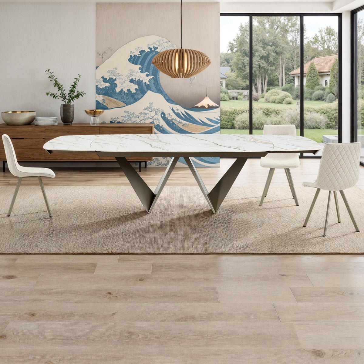 Stół rozkładany CLEFT EVO 200–300 cm z ceramicznym blatem Onice Marble i  metalową podstawą