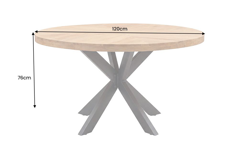 Okrągły stół 120 cm z drewna mango z naturalnym blatem i czarną metalową podstawą do jadalni.