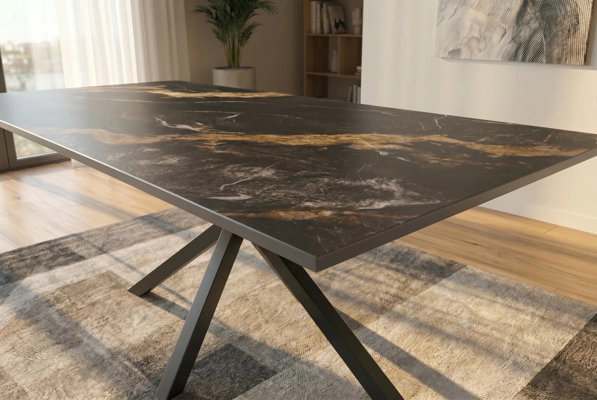 Nowoczesny stół ceramiczny 180 cm z czarnym marmurowym blatem i metalową podstawą do salonu i jadalni