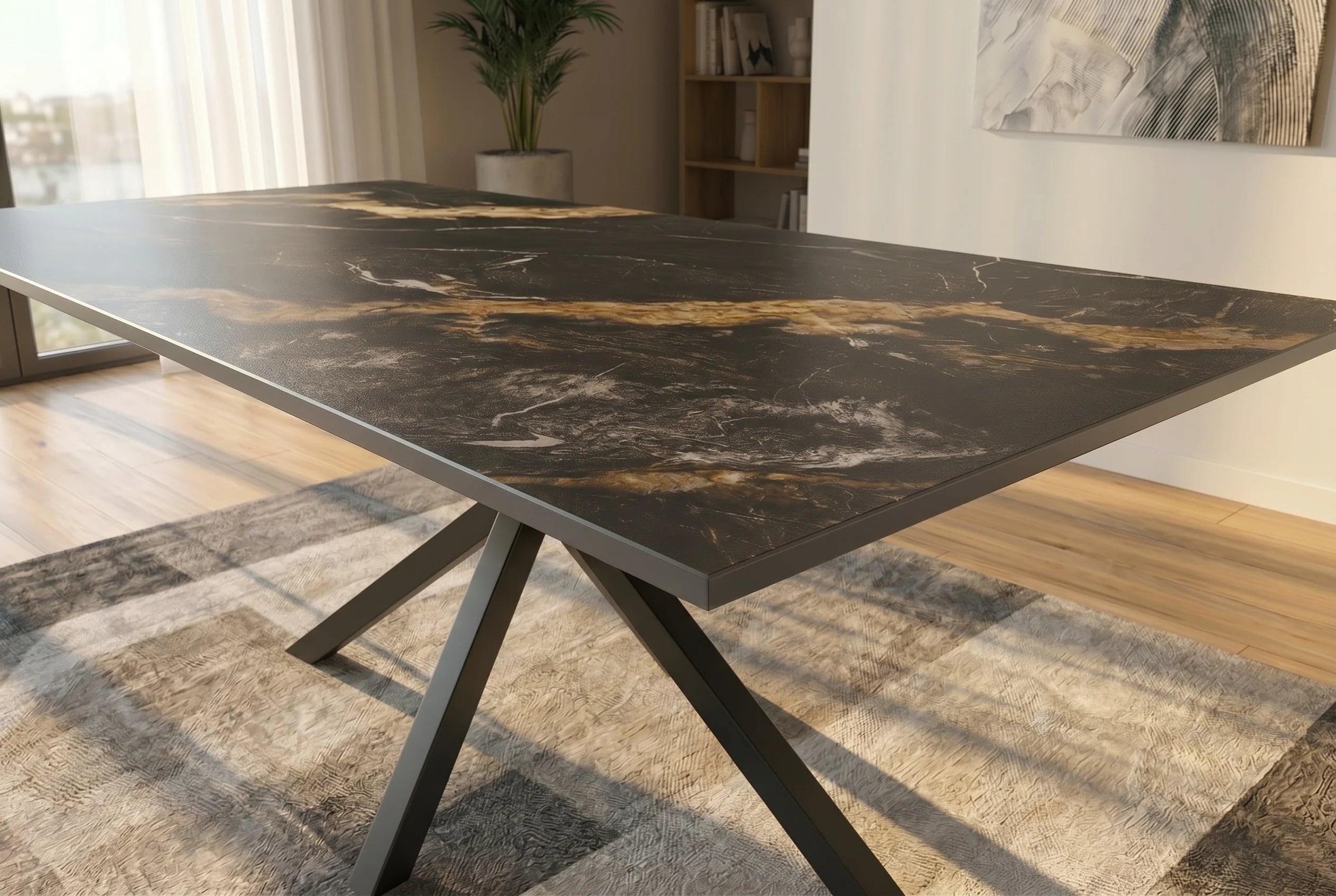 Nowoczesny stół ceramiczny 180 cm z czarnym marmurowym blatem i metalową podstawą do salonu i jadalni