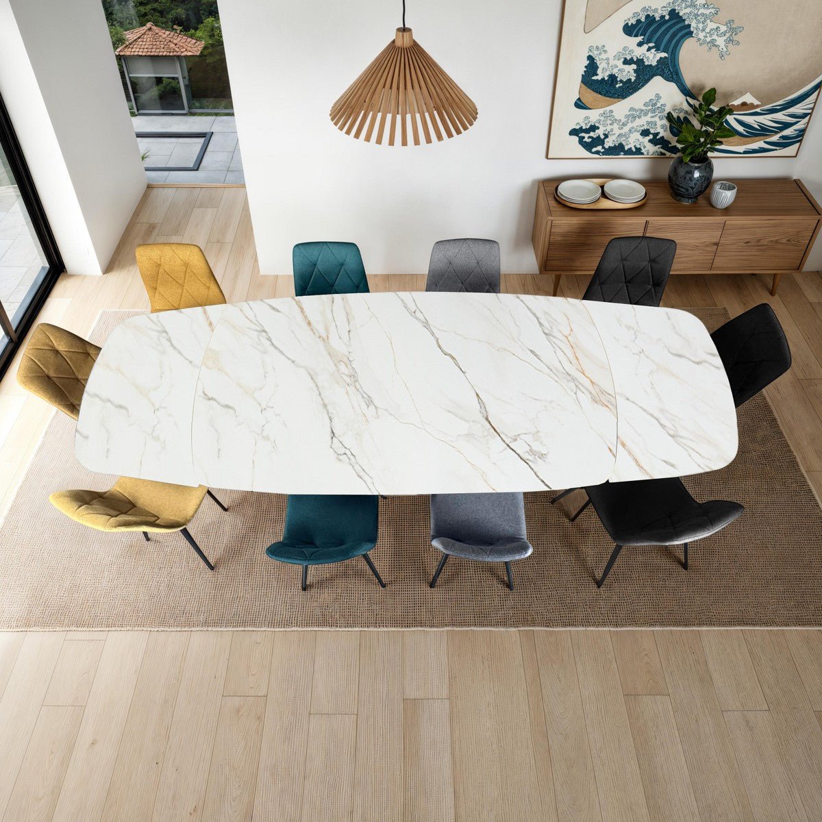 Stół rozkładany CLEFT EVO 200–300 cm z ceramicznym blatem Onice Marble i  metalową podstawą
