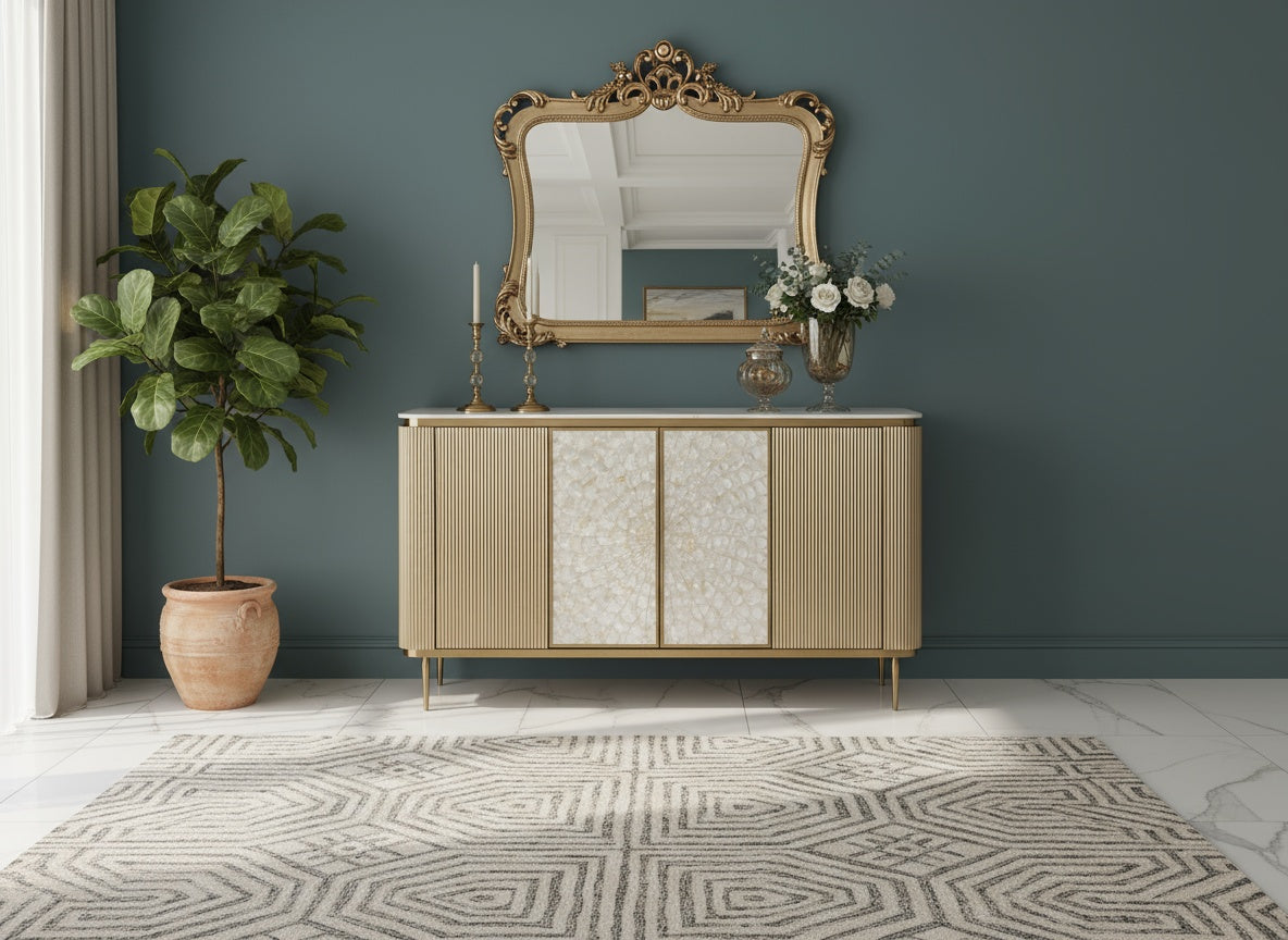 Komoda 2-drzwiowa: złota rama, ryflowane boki, perłowe fronty z motywem rozety, smukłe złote nogi, jasny blat na wysoki połysk