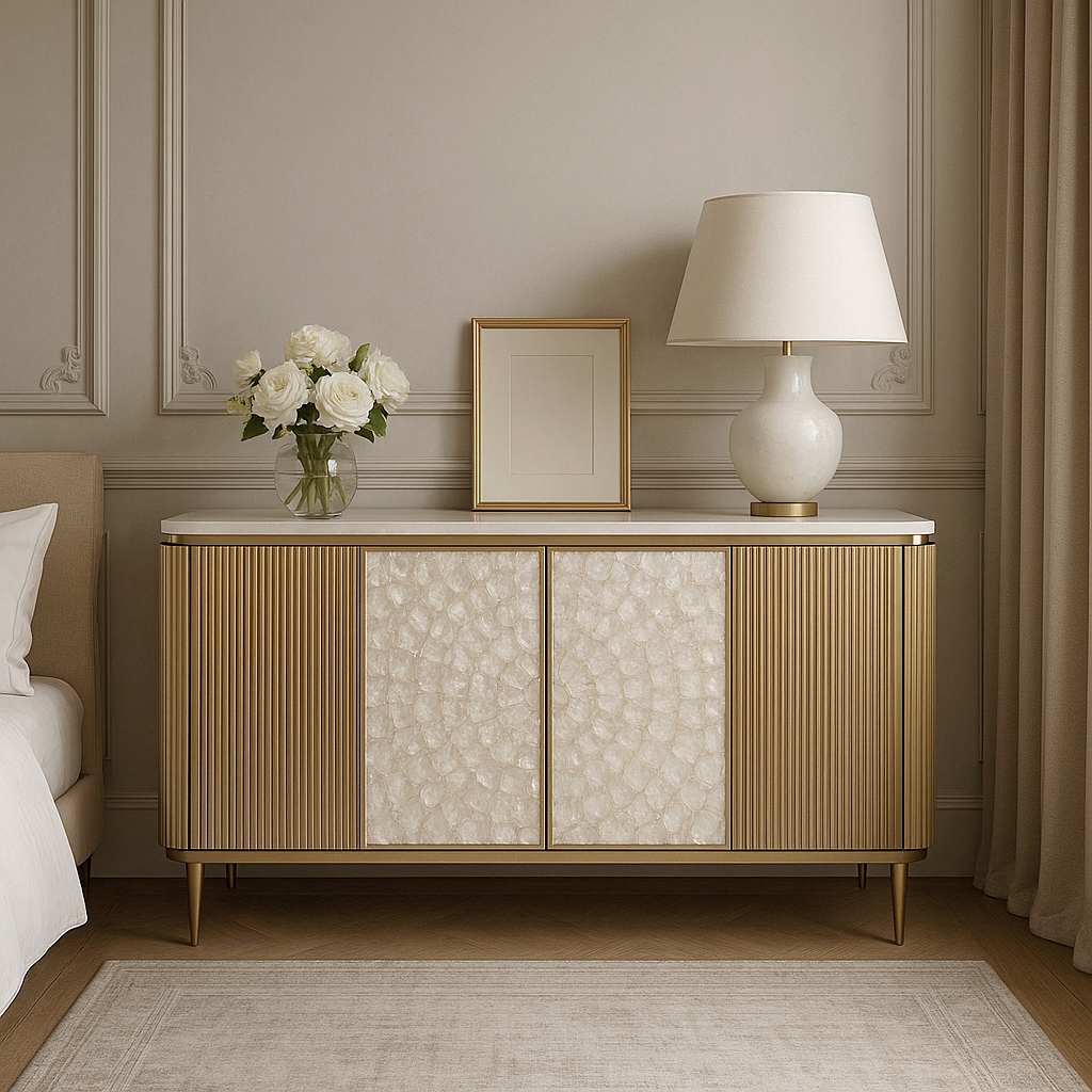 Komoda 2-drzwiowa: złota rama, ryflowane boki, perłowe fronty z motywem rozety, smukłe złote nogi, jasny blat na wysoki połysk