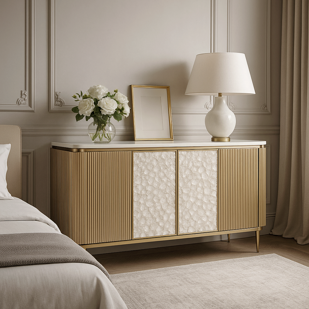 Komoda 2-drzwiowa: złota rama, ryflowane boki, perłowe fronty z motywem rozety, smukłe złote nogi, jasny blat na wysoki połysk