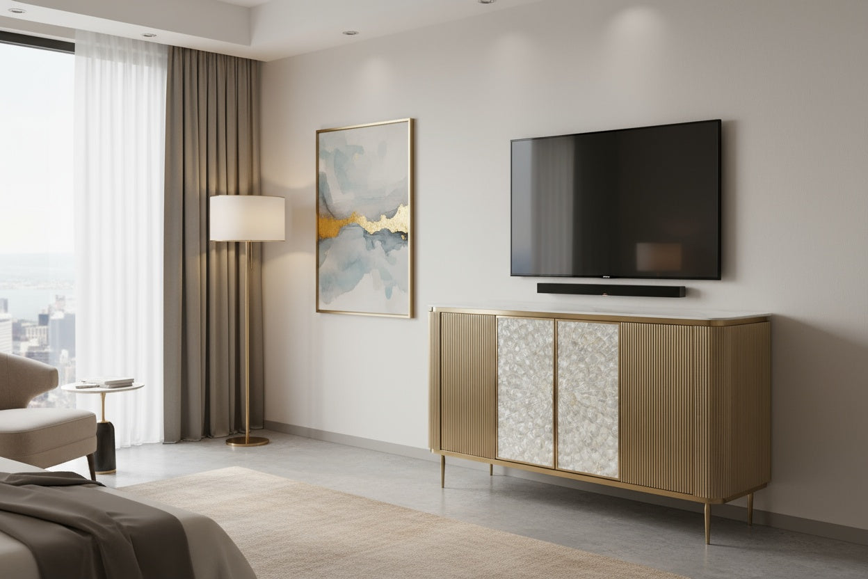 Komoda 2-drzwiowa: złota rama, ryflowane boki, perłowe fronty z motywem rozety, smukłe złote nogi, jasny blat na wysoki połysk