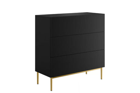 Komoda Nicole 100 cm z szufladami z ryflowanym frontem czarny mat / złote nóżki
