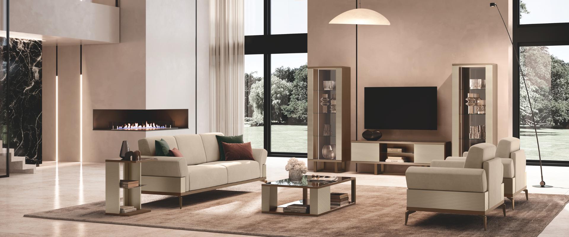 włoska sofa Linea 2-osobowa w beżowej tkaninie, prążkowane panele boczne, metalowe nogi w kolorze brązu