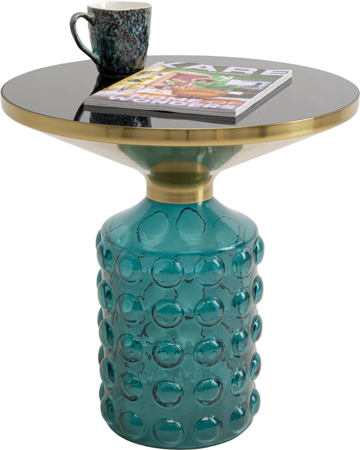Turkusowy szklany stolik pomocniczy z okrągłym szklanym czarnym blatem i złotym wykończeniem